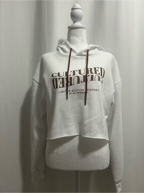 Forever 21 Cropped White Hoodie with Brown Logo